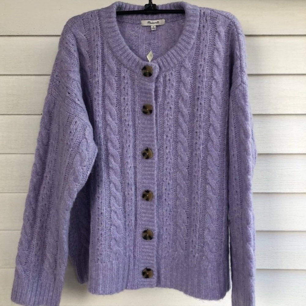 Madewell Pointelle Cable Cardigan Sweater in Heather Lavender size M